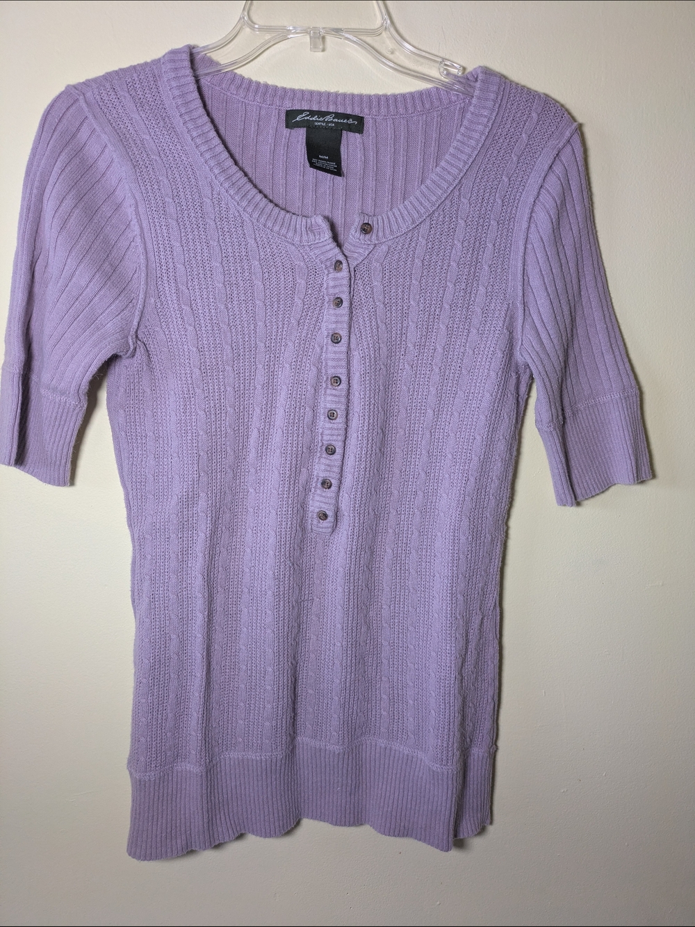 Eddie Bauer Lavender Cable-Knit Henley Sweater M Short Sleeve
